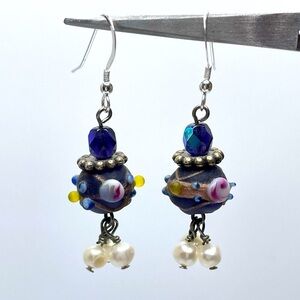 925 Sterling Silver Vintage Murano Wedding Cake Glass Beaded Pearl Earrings
